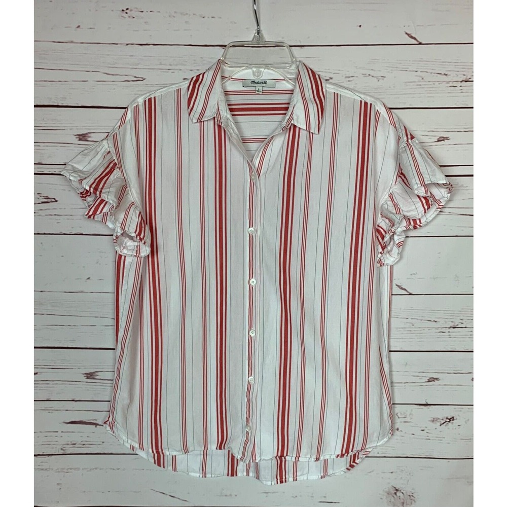 Madewell Women's S Small White Red Striped Short Sleeve Button Spring Top Blouse